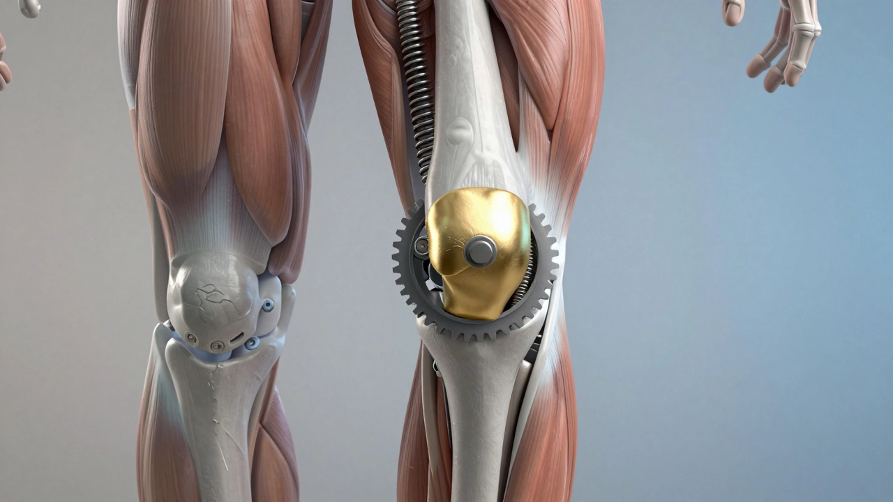 Koncepcyjna wizualizacja kolana jako mechanizmu: usunięta łąkotka zastąpiona amortyzatorem, mięśnie jako sprężyny.