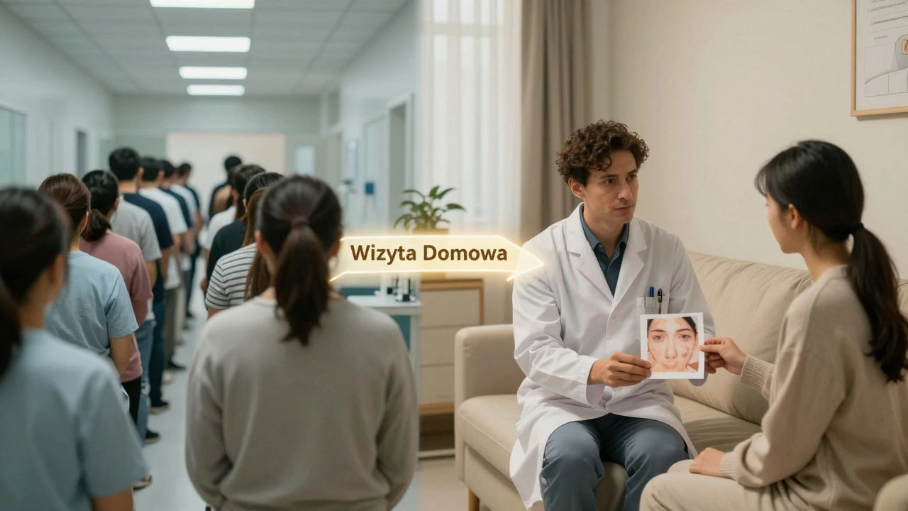 Kontrast między zatłoczonym gabinetem a spokojną wizytą domową dermatologa.