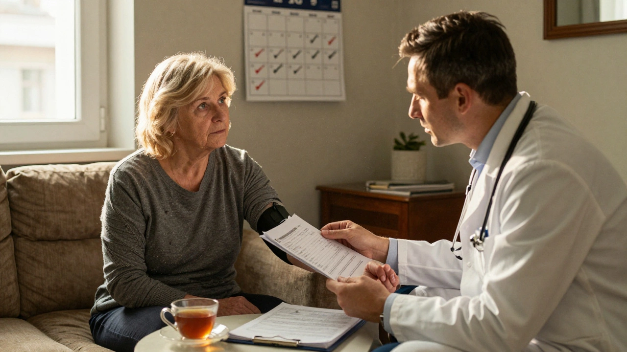 Lekarz analizuje dokumenty medyczne podczas wizyty u pacjentki z wieloma chorobami przewlekłymi.