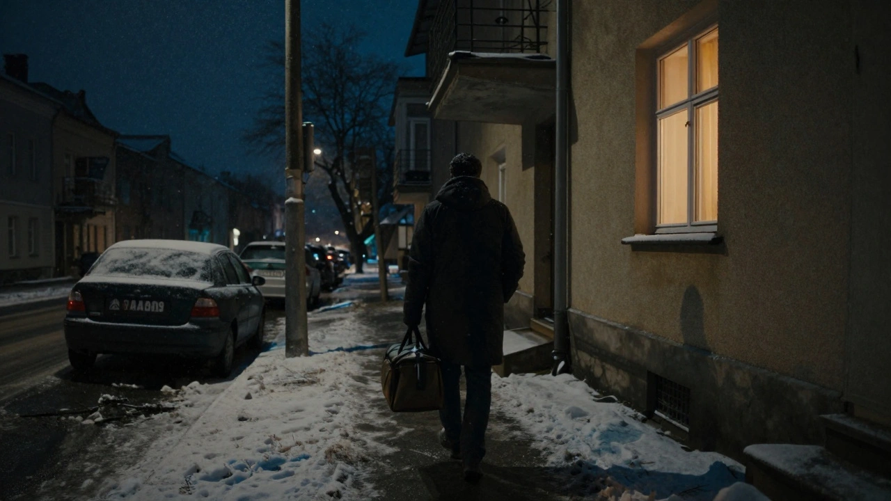 Lekarz idzie na wieczorną wizytę domową w zimowy wieczór w Warszawie, podczas gdy pada śnieg.