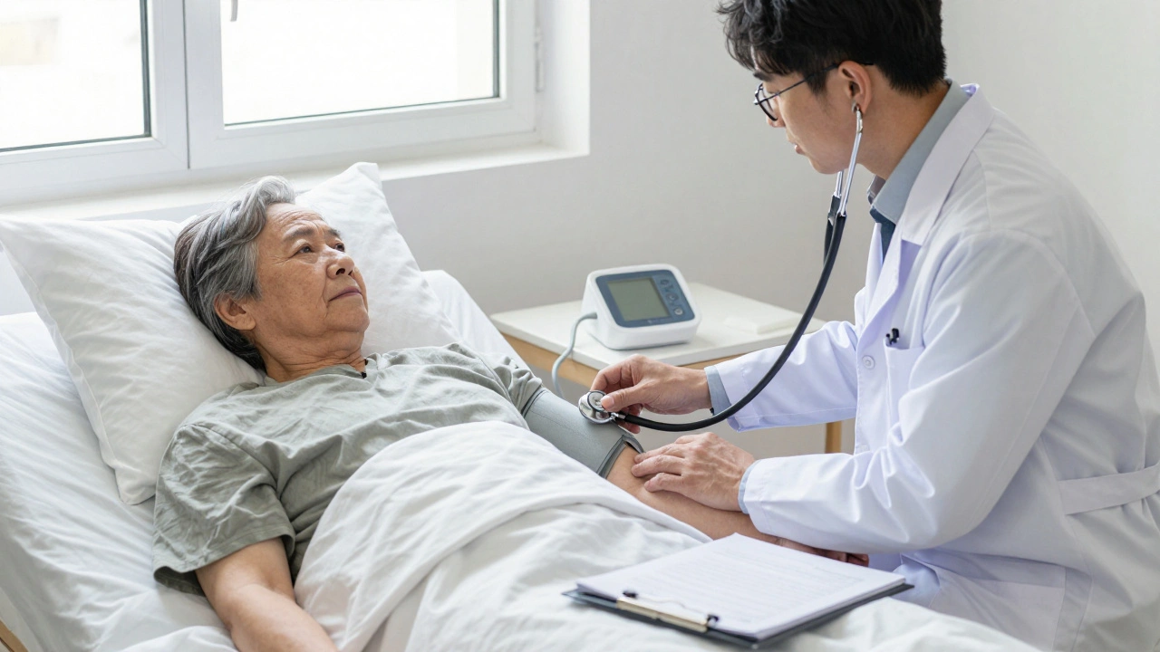 Lekarz rodzinny badający pacjenta po udarze w domu, z aparatem ciśnienia i dokumentami na nocku.