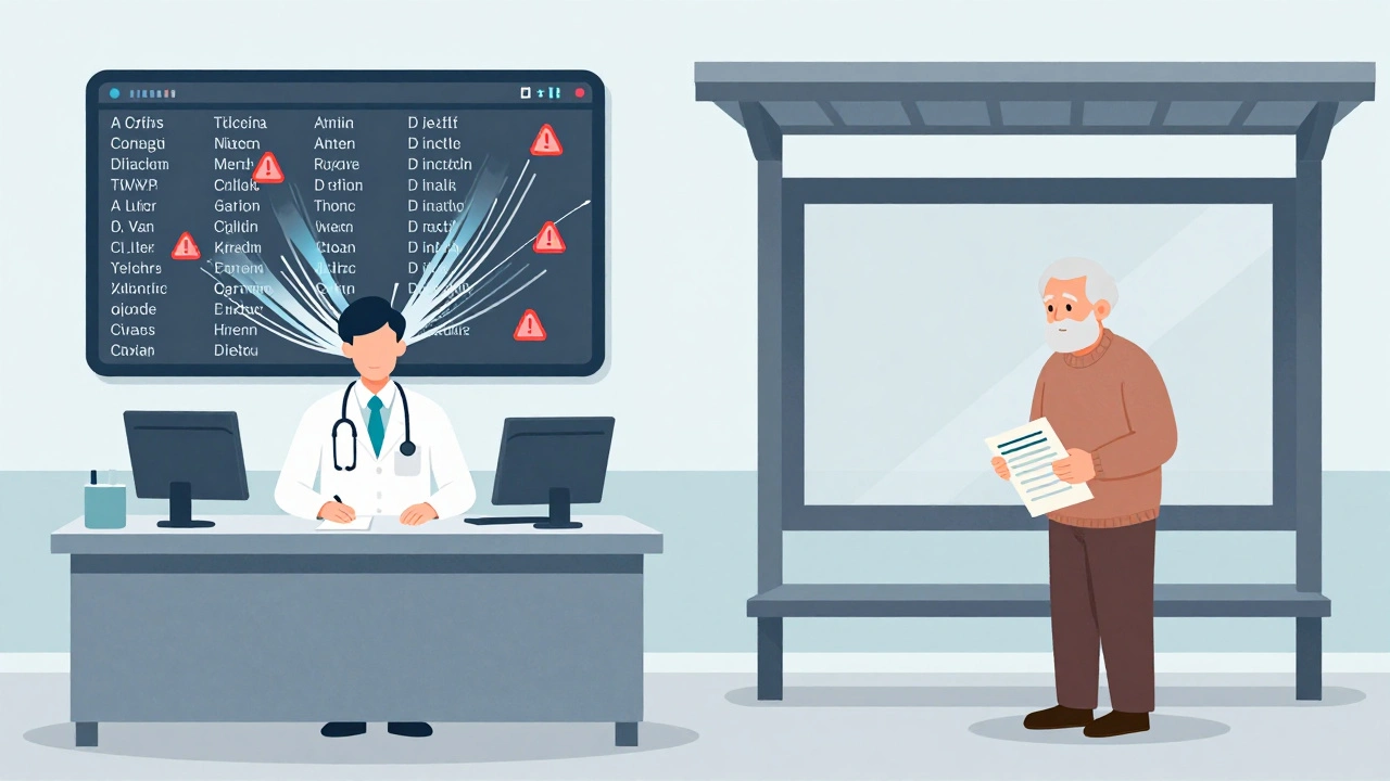 Lekarz w przychodni ogląda ekran z pacjentami, a starszy człowiek czeka na przystanku autobusowym — symbolizuje priorytety opieki.