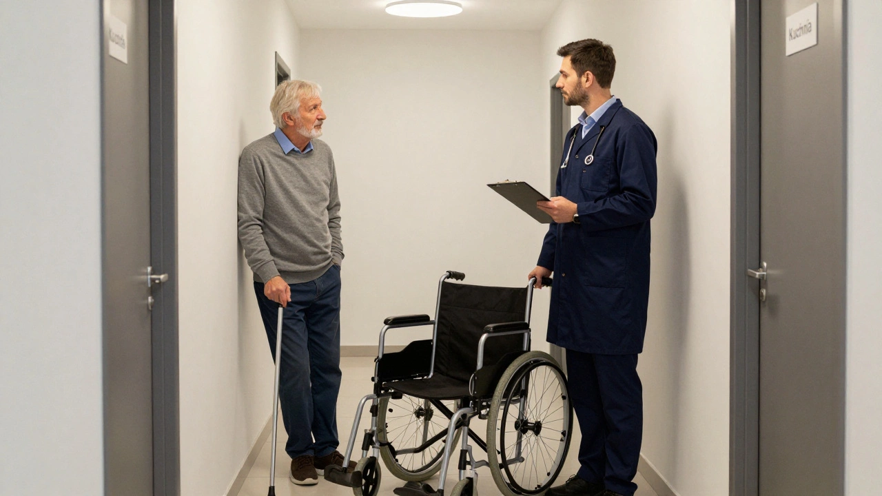 Ortopeda w mieszkaniu warszawskim przy wizycie domowej, pacjent opiera się o kij.