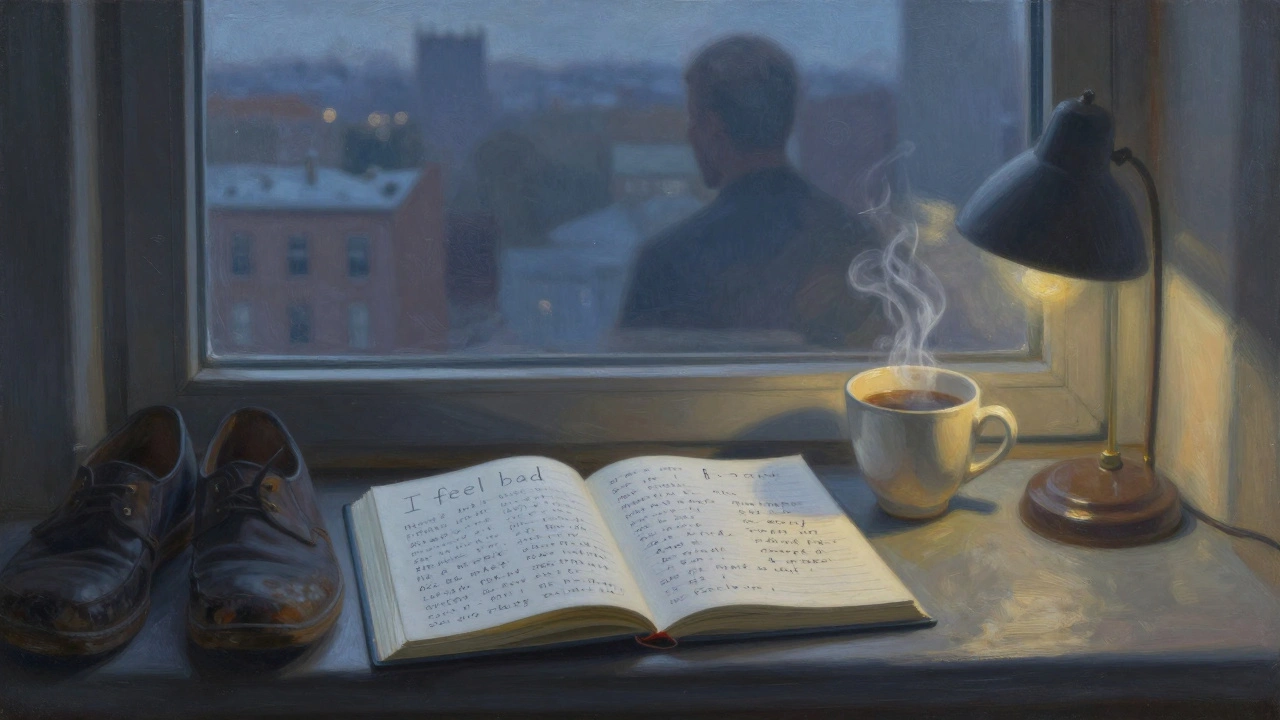 Otwarty dziennik z fragmentami myśli pacjenta obok kubka z herbatą, z odbiciem psychiatry w oknie w zachodzącym świetle.