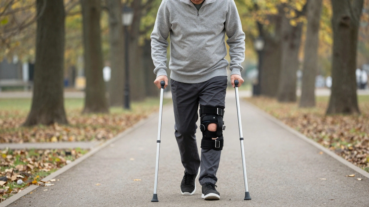 Pacjent w fazie rekonwalescencji ostrożnie chodzi z kijem w parku, wracając do codziennego życia.