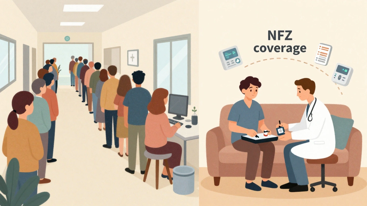 Porównanie wizyty w poradni i w domu: obciążony szpital vs. spokojna wizyta w domu.