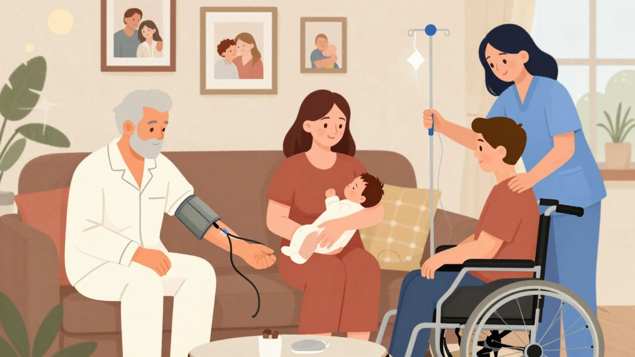 Rodzina i pacjenci otrzymują opiekę domową w ciepłym wnętrzu mieszkania.