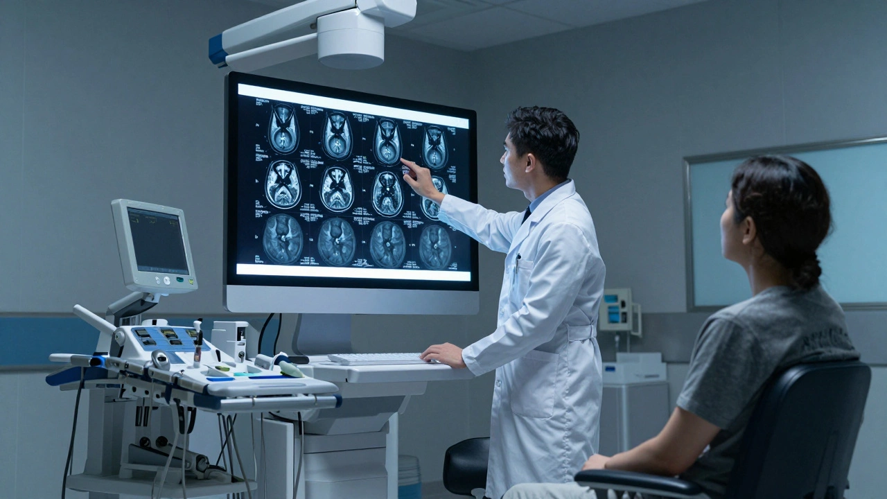 Specjalista analizuje skan MRI w nowoczesnym ośrodku diagnostycznym.