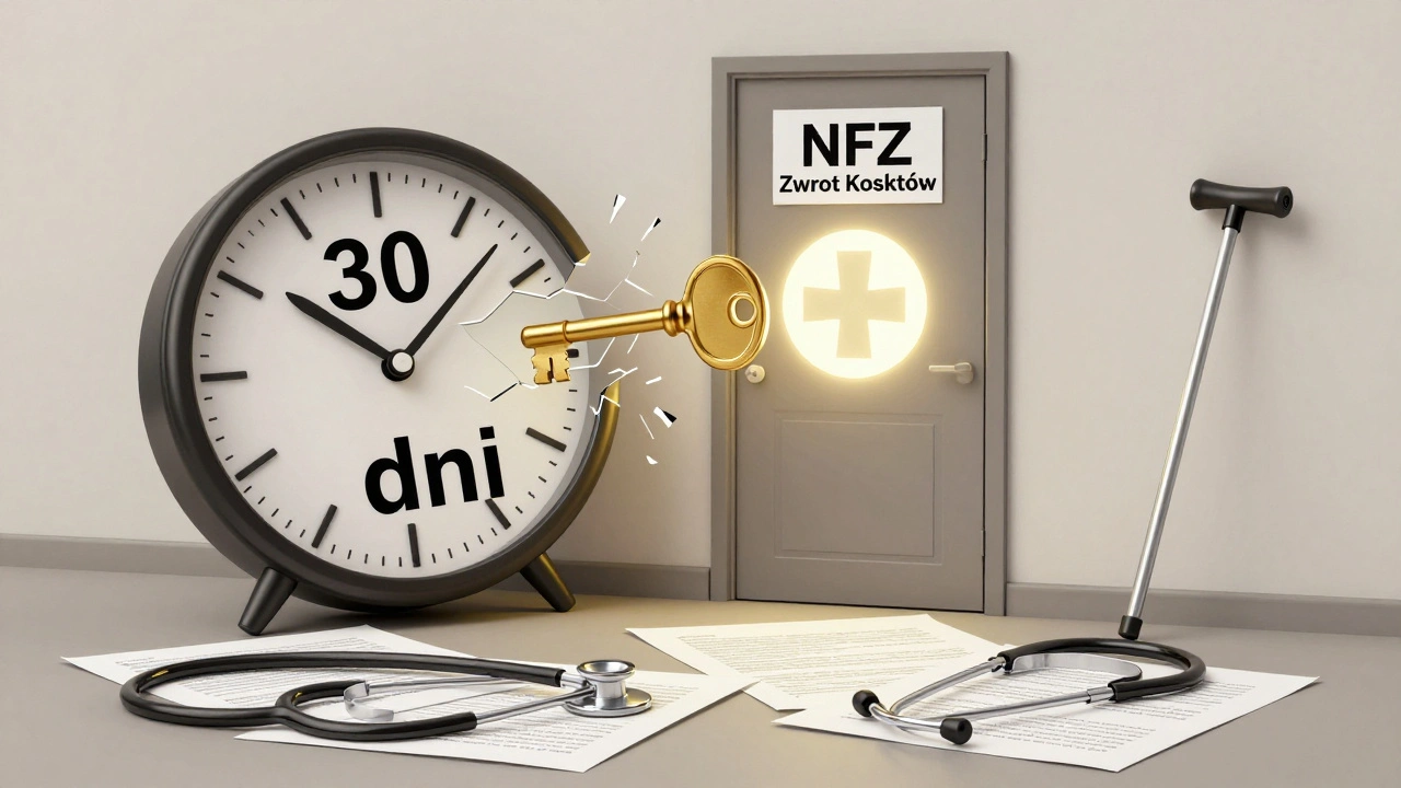 Symboliczna scena: złamany zegar i klucz otwierający drzwi do zwrotu kosztów wizyty lekarskiej.